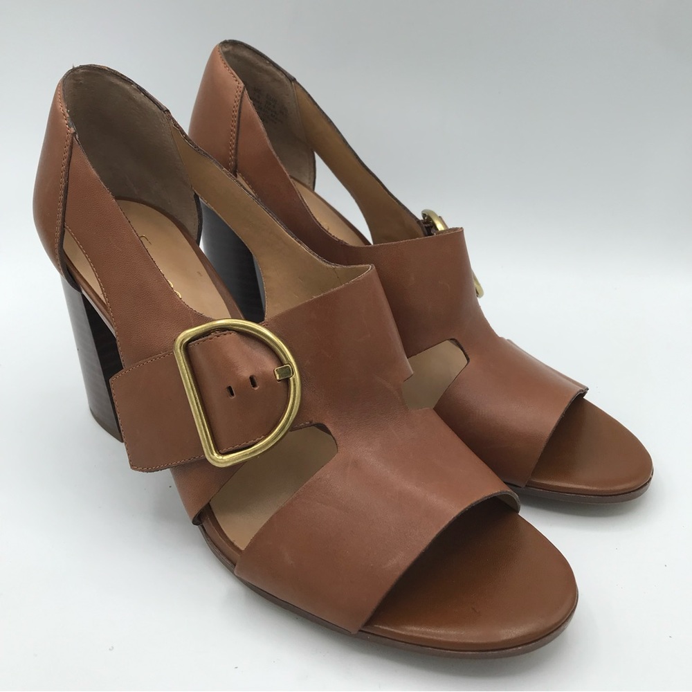Franco Sarto Mirabel Brown Leather Gold Buckle Block Heels Women’s Size 9.5 EUC
